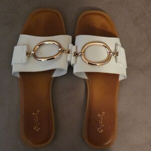 Qupid White and Gold Slide Sandals